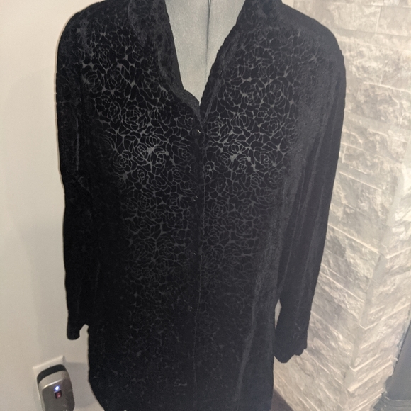 Black semi sheer blouse with velour flowers